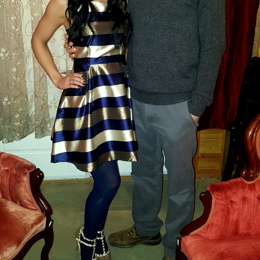 Navy/ gold/ cream striped dress